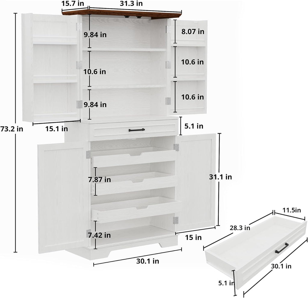 IRONCK Farmhouse Pantry Cabinet, 72" Tall Kitchen Storage Cabinet, Freestanding Cupboard with Sliding Rack & 6 Hanging Shelves,Kitchen Pantry Furniture for Dining Room, Easy Assembly, White