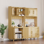 71" Tall Farmhouse Pantry Cabinet with Rattan Doors & Drawers, Freestanding Storage Hutch with Adjustable Shelves, 6 Hooks & Microwave Shelf for Kitchen, Dining or Living Room