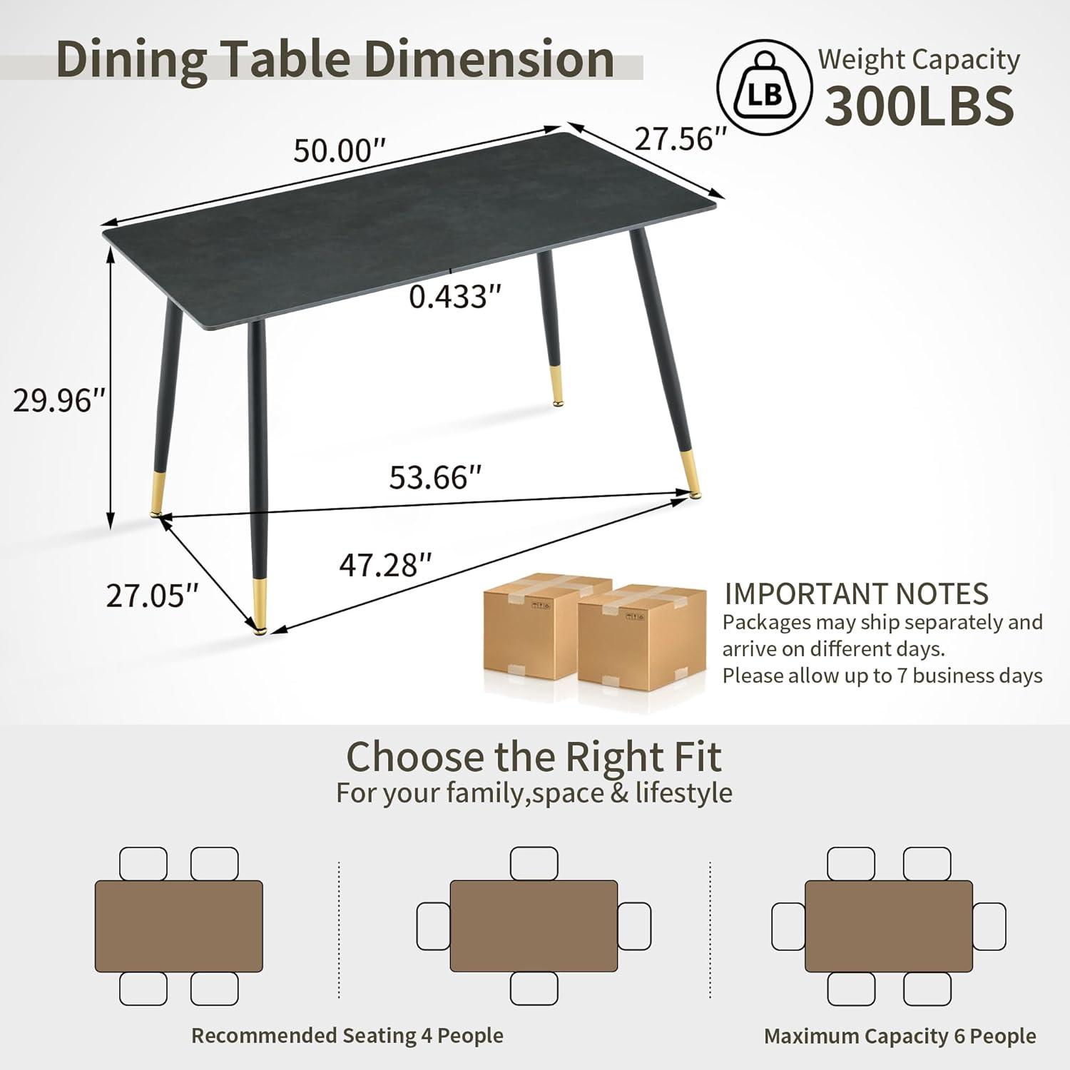 50 inch Sintered Stone Dining Table for 4, Modern Minimalist Kitchen Table with 0.43" Matte Black Sintered Stone Top & Tapered Metal Legs, Small Space Rectangular Table for Home, Kitchen, Apartment