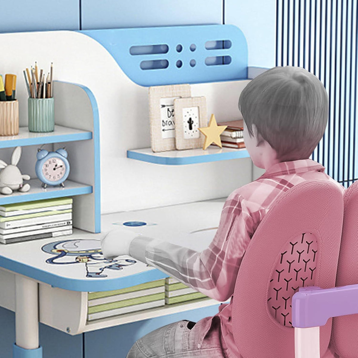Kids Desk and Chair Set | Adjustable Study Table with Bookshelf & Drawer, Astronaut Theme for Boys and Girls, Ages 3-18 (Pink/Blue) (Blue)