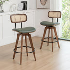 26" Rattan Bar Stools Set of 2, Faux Leather Counter Height Swivel Barstools with Rattan Backrest/Wooden Legs,Armless Mid Century Modern Bar Chairs for Kitchen/Dining Room/Bar Chairs,Green PU