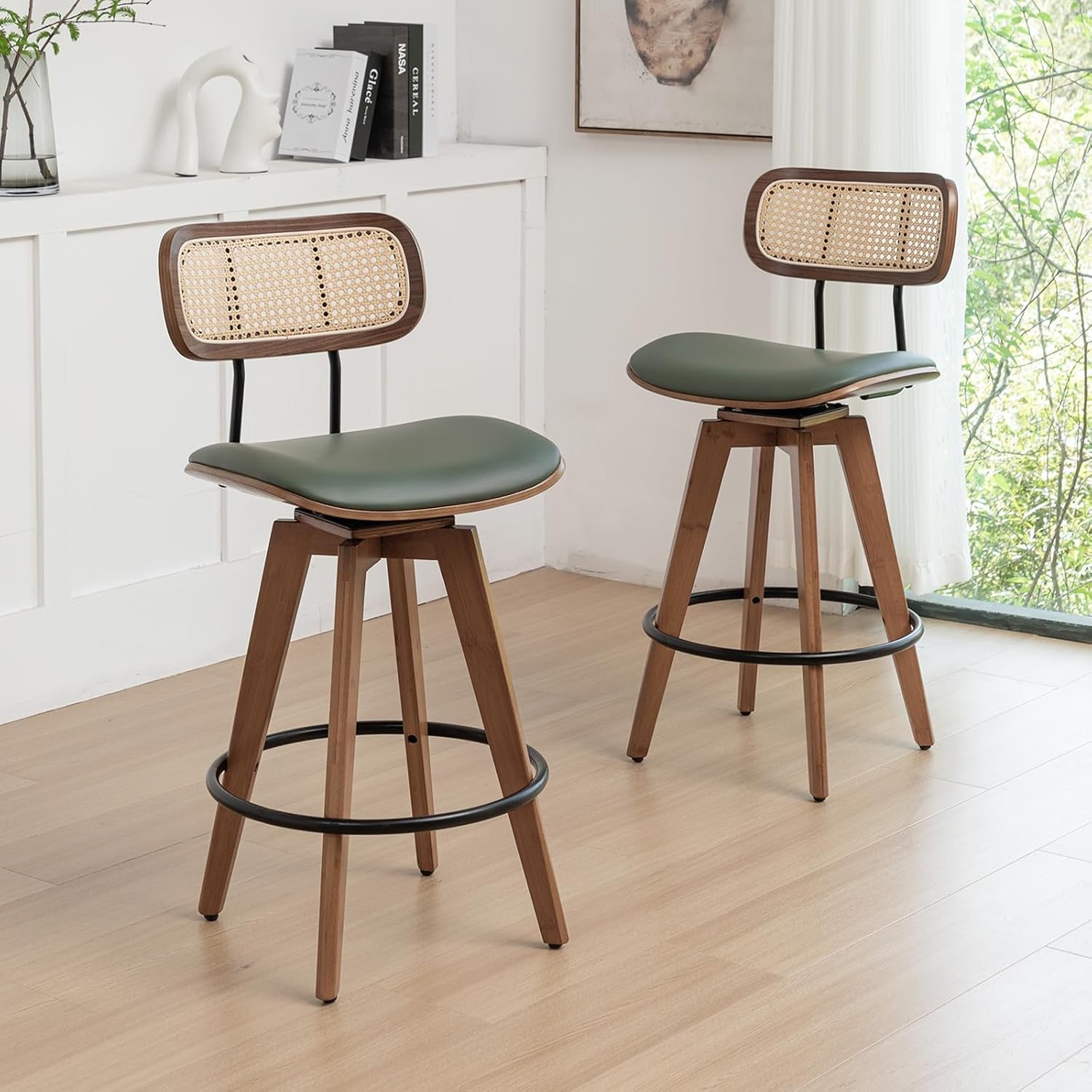 26" Rattan Bar Stools Set of 2, Faux Leather Counter Height Swivel Barstools with Rattan Backrest/Wooden Legs,Armless Mid Century Modern Bar Chairs for Kitchen/Dining Room/Bar Chairs,Green PU