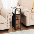 LOAKEKEL Narrow End Tables Living Room Set of 2 with Charging Station, Skinny Side Table with Fabric Drawers, Slim Nightstand for Bedroom, Small Spaces, Couch, Brown, HETNDP03BR