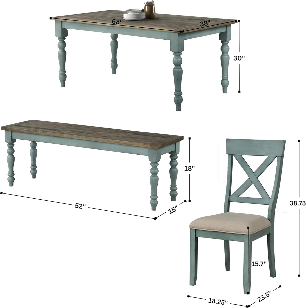 Roundhill Furniture Prato 6-Piece Dining Set, Dining Table with 4 Cross Back Chairs and Bench, Antique Blue and Distressed Walnut Finish