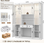 MEISSALIVVE Kitchen Pantry Storage Cabinet with LED Lights, 78.7" Tall with Glass Doors & Drawers, Freestanding Utility Cabinet, White (63" W x 15.7" D)