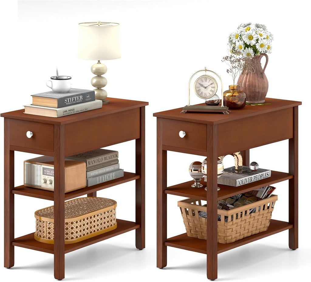 Giantex Narrow End Table Set of 2, Farmhouse Side Tables with Drawer & Storage Shelves, Wood Sofa Side Tables, 3-Tier Nightstands for Small Space, Living Room, Bedroom, 23.5"L x 12"W x 24.5"H, Brown