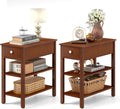 Giantex Narrow End Table Set of 2, Farmhouse Side Tables with Drawer & Storage Shelves, Wood Sofa Side Tables, 3-Tier Nightstands for Small Space, Living Room, Bedroom, 23.5"L x 12"W x 24.5"H, Brown