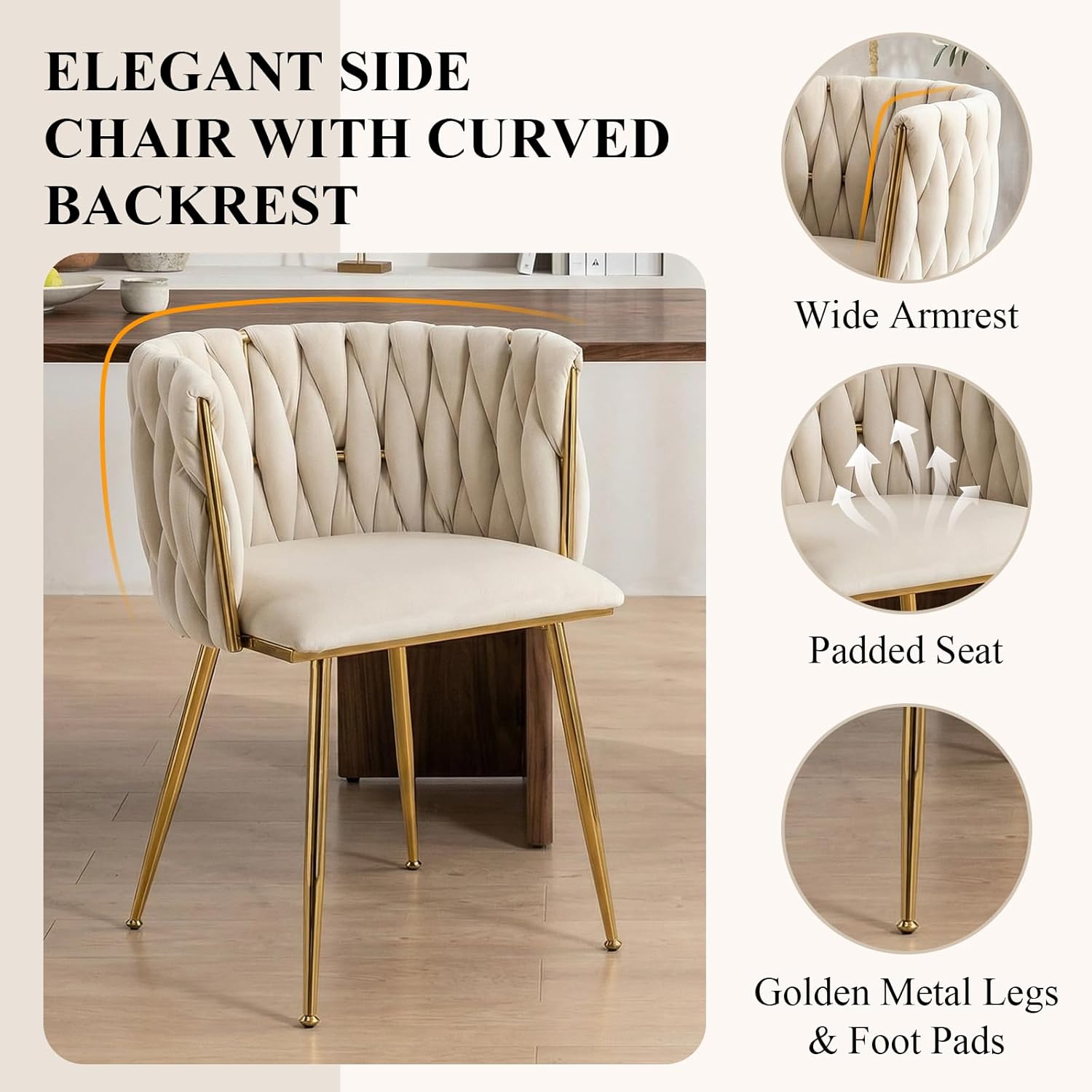 Modern Hand Weaving Dining Chairs Set of 2, Velvet Upholstered Dining Room Chairs with Gold Legs, Elegant Side Chair with Curved Backrest, Accent Chair for Dining Room, Kitchen (Ivory)
