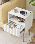 Night Stand,Modern Bedside Table with Drawer and Shelf,White Night Stand with Gold Frame,Small Side Table for Bedroom,Living Room