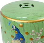 Hand-Painted Floral Bird Ceramic Drum Stool - Oriental Artistry Storage Ottoman, Accent Seat, End Table (Peacock‘s Majestic Bloom（Green）)