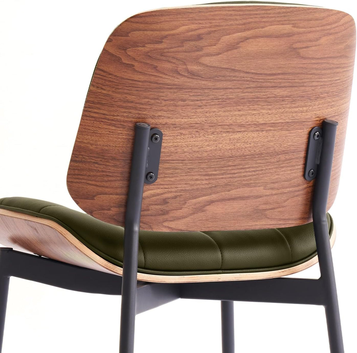 GrandNoor Mid Century Modern Dining Chairs with Walnut Grain Back, Green Faux Leather Dining Room Chairs Set of 4, Checkered Soft Cushion Kitchen Chairs with Adjustable Foot Pads