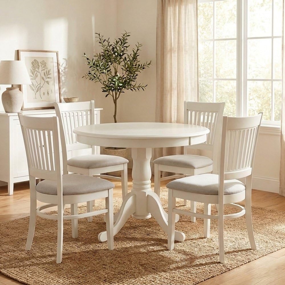 Furnifact White Solid Wood 5 Pc Dining Room Set, Breakfast Nook Table with Slatted Chairs, Kitchen Table and Chairs for 4, Compact Seating Option