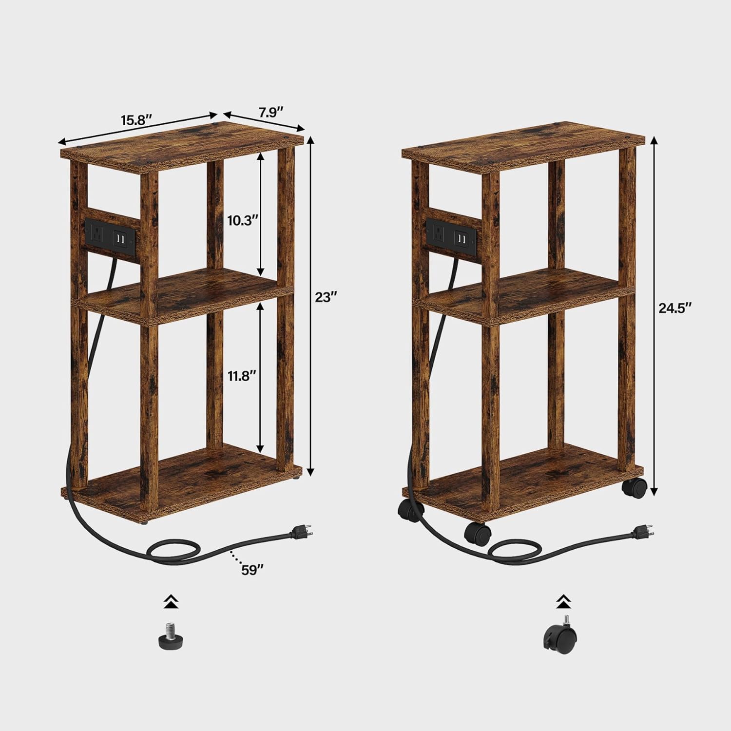 TUTOTAK Small Narrow Side Table with Charging Station, Skinny End Table for Small Spaces, Slim Nightstand with USB Ports and Outlet, Sofa Beside Table with Wheels, Rustic Brown TB01BB047C