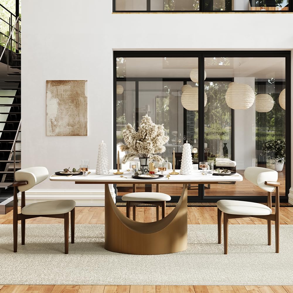 POVISON 71" Modern Dining Table for 6-8, Matte White Sintered Stone Top | Bronze Carbon Steel Pedestal Base, Hobart Minimalist Rectangular Table for Dining Room, Kitchen, Home（Table Only）