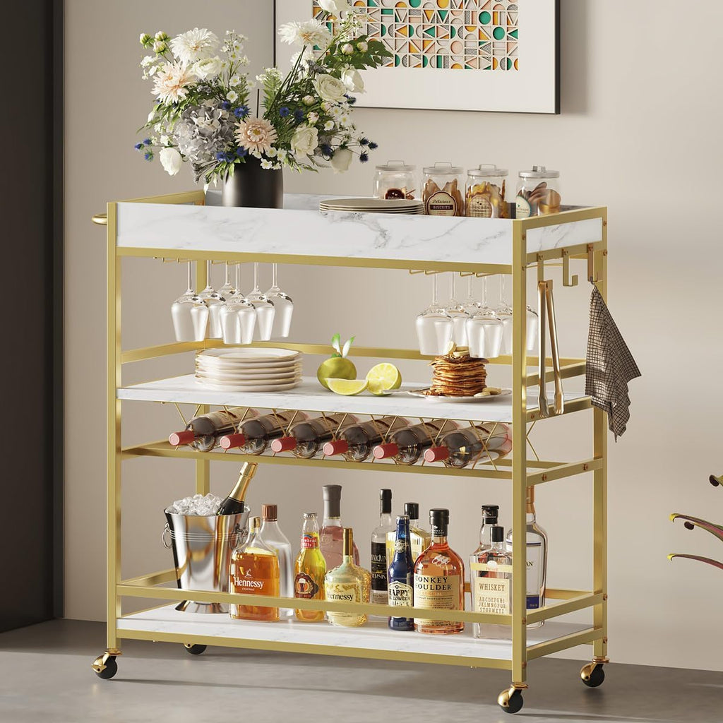 BON AUGURE Gold Bar Cart on Wheels for Home with Wine Rack & Glass Holders | 3-Tier, Rolling Serving Cart for liquor, Wine and Beverages, Lockable Mobile Wheels for Home Bars, Faux Marble+ Gold Frame