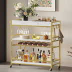 BON AUGURE Gold Bar Cart on Wheels for Home with Wine Rack & Glass Holders | 3-Tier, Rolling Serving Cart for liquor, Wine and Beverages, Lockable Mobile Wheels for Home Bars, Faux Marble+ Gold Frame