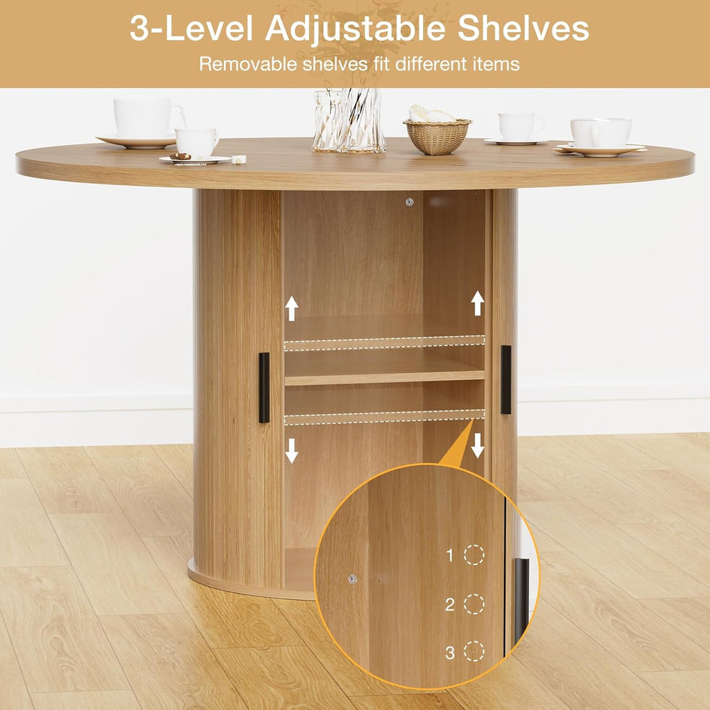 HOMMPA 48'' Round Dining Table for 4 Kitchen Dining Table with Storage Dinner Table with 2-Layer Shelf and Wood Slide Door for Home Dining Room Living Room Natural