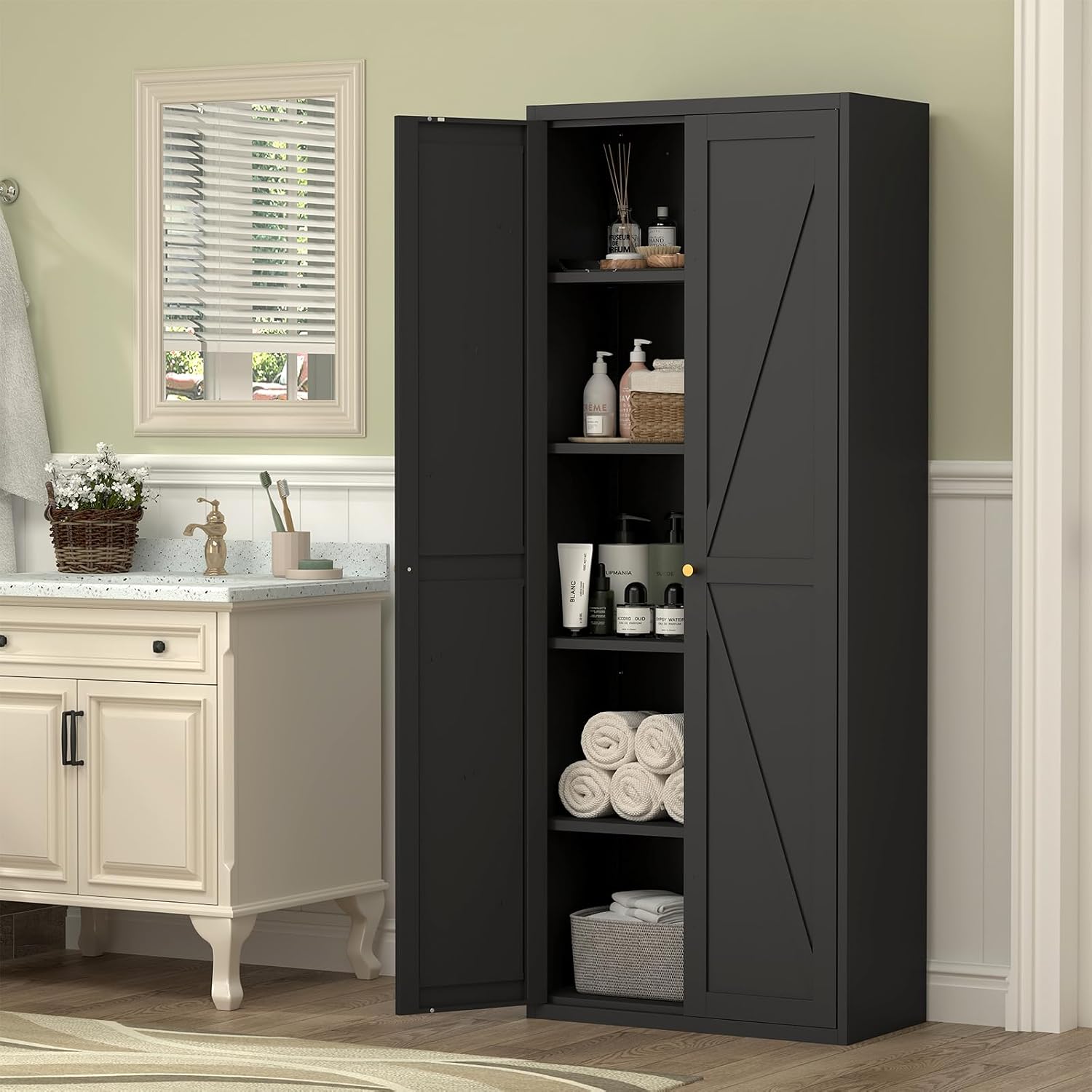 71" Tall Kitchen Pantry Storage Cabinet, Kitchen Storage Cabinet with Doors and 4 Adjustable Shelves, Metal Freestanding Cupboard for Garage Dining Room Living Room Bathroom, Black