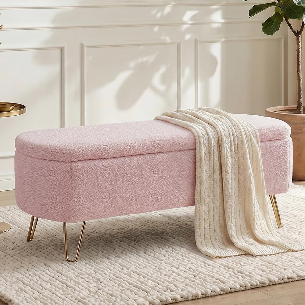Modern Storage Ottoman Bench, Teddy Upholstered Entryway Bench with Gold Legs, Vintage End of Bed Bench with Safety Hinge, Padded Bench with Storage for Living Room, Bedroom, Entryway (Pink)