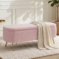 Modern Storage Ottoman Bench, Teddy Upholstered Entryway Bench with Gold Legs, Vintage End of Bed Bench with Safety Hinge, Padded Bench with Storage for Living Room, Bedroom, Entryway (Pink)
