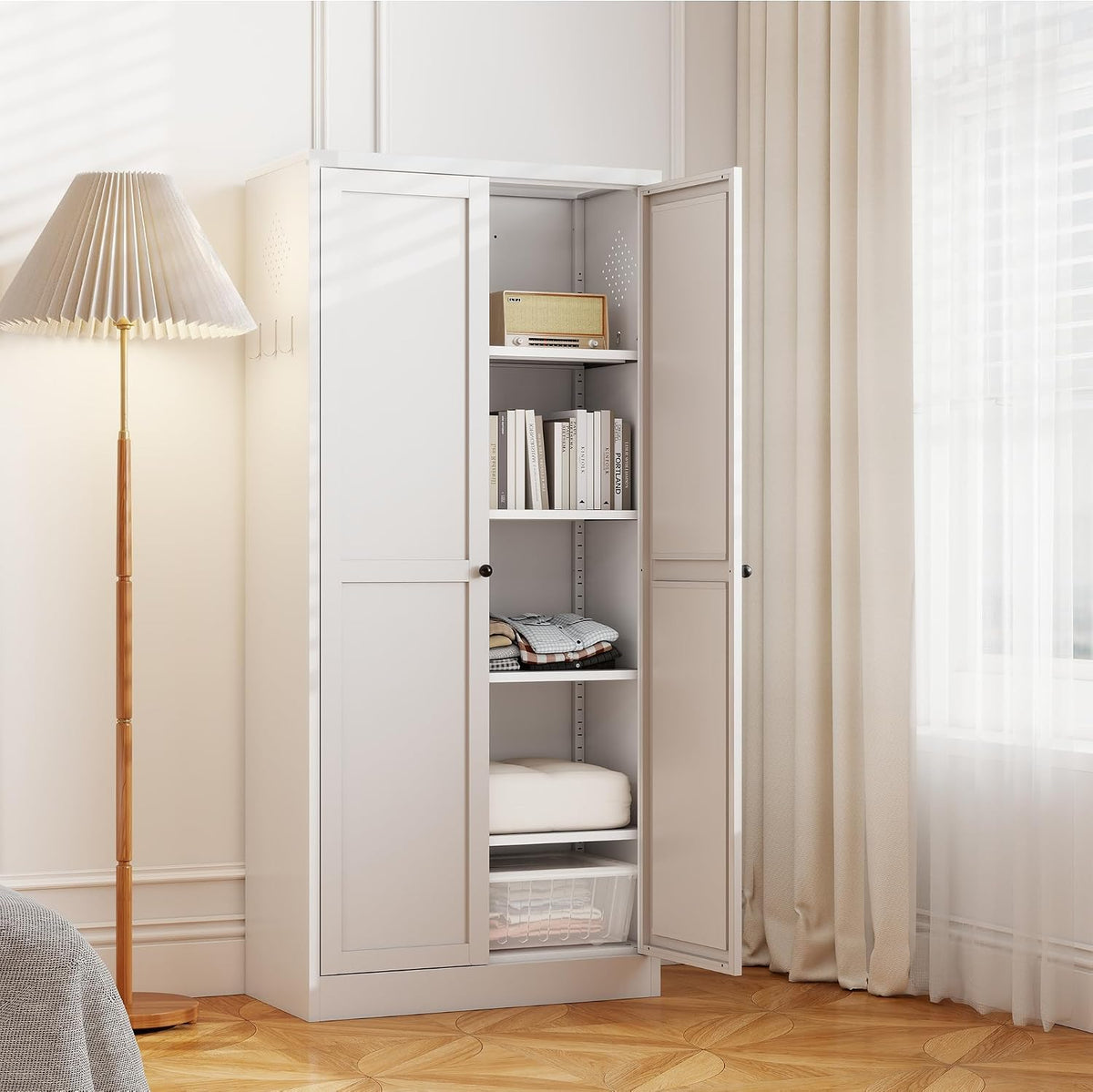 61-Inch White Metal Kitchen Pantry Cabinet with 4 Adjustable Heavy-Duty Shelves (110lb Capacity), Freestanding Storage Organizer for Pantry, Kitchen, Living Room