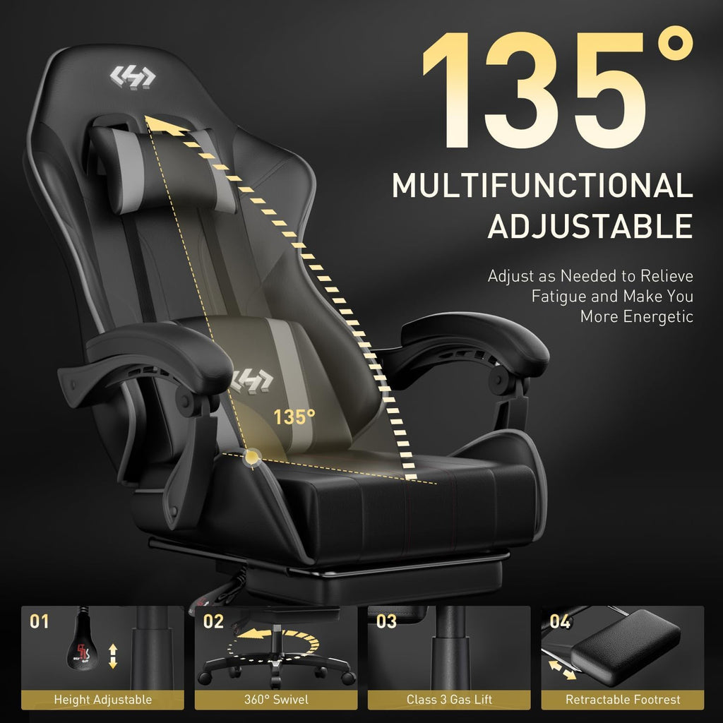 HLDIRECT Gaming Chair with Footrest, Lumbar Support & Headrest, Black&Grey | Ergonomic, 90°-135° recline, adjustable height & 360° swivel, PU leather and 45D foam, for adult gaming, work & relaxing