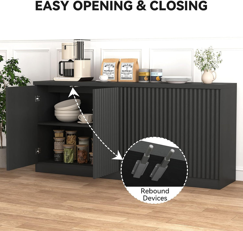 63" Fluted Buffet Cabinet Sideboard with Storage,Large Credenza with 4 Doors with Adjustable Shelves,Wood Mid Century Modern Sideboard for Kitchen, Living Room,Entryway(Black)