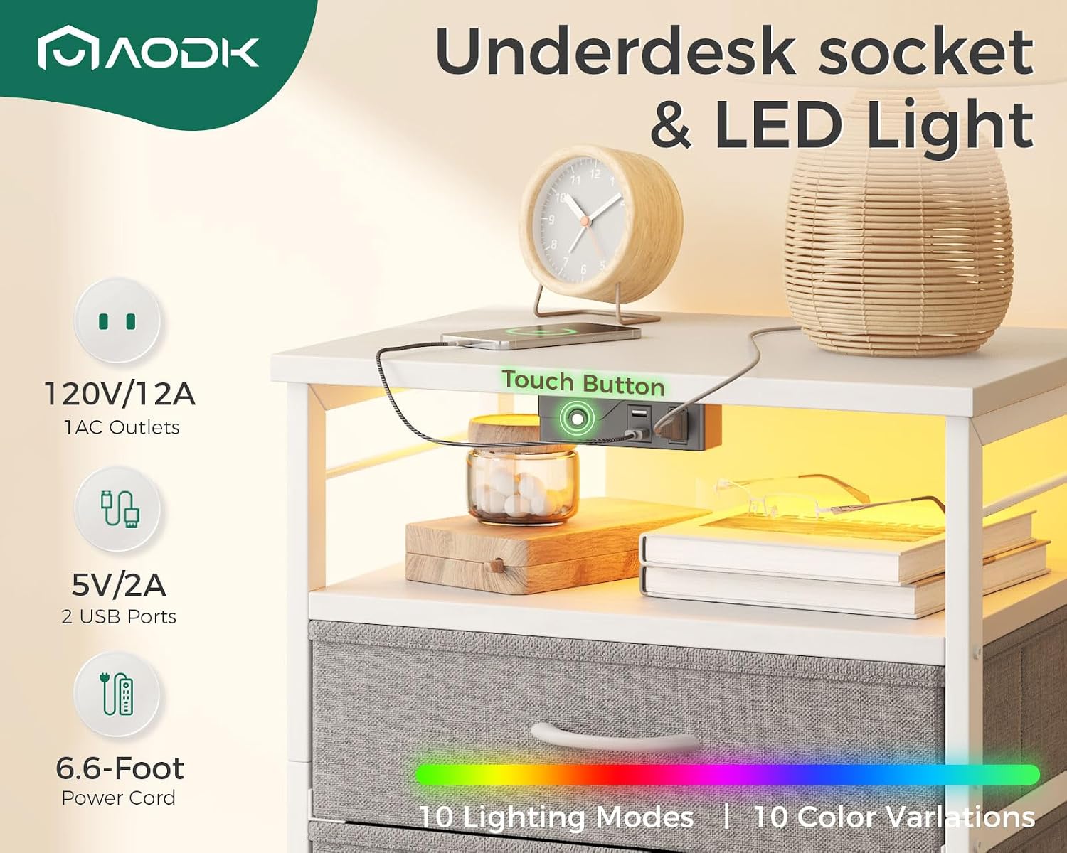 AODK 27.6" H Night Stand with Charging Station and LED Lights, Bed Side Table with 2 Drawers and Open Shelf, Bedside Table for Bedroom, Living Room, White & Light Grey