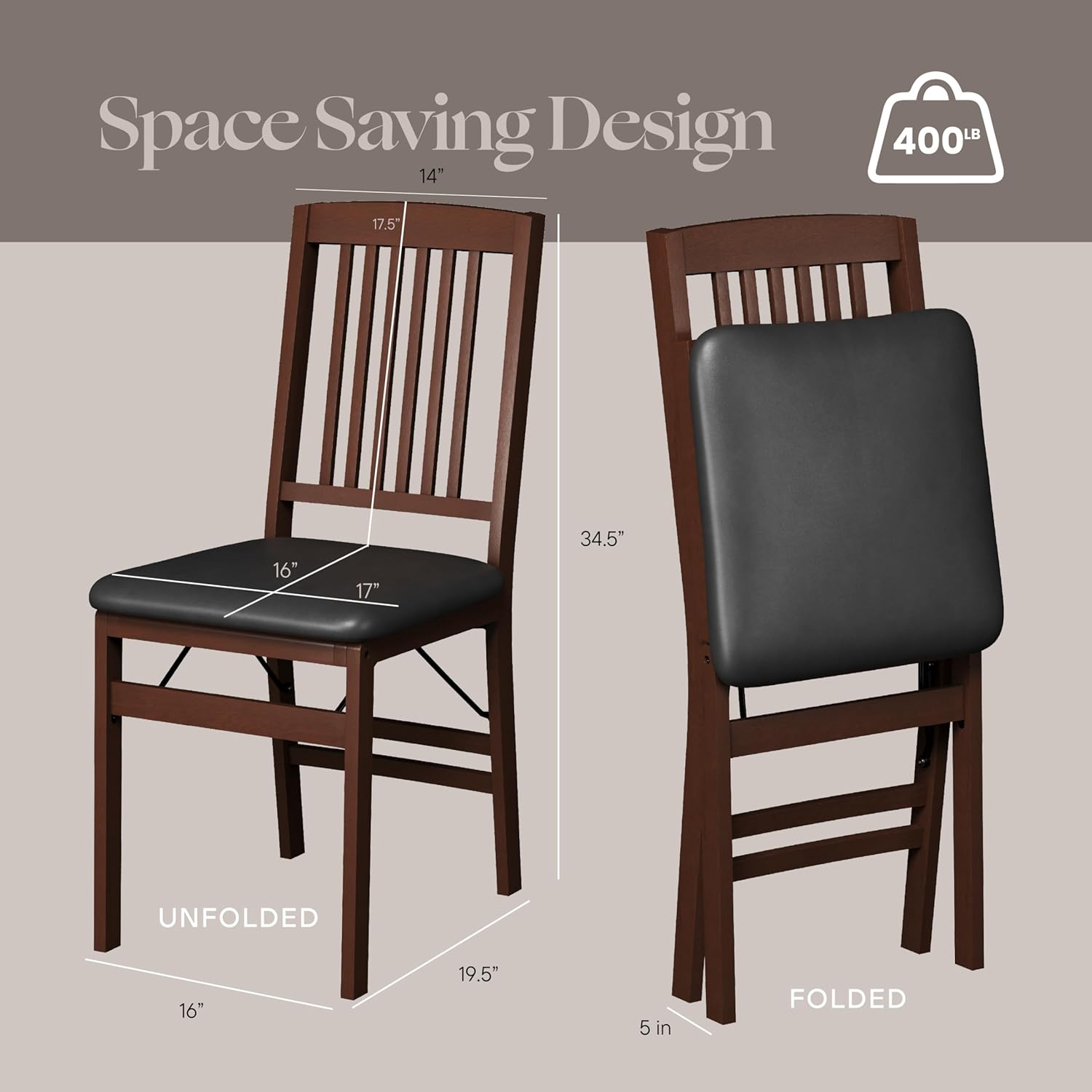 SIMPLEX Folding Wood Dining Chairs, Padded, No Assembly, 2 Pack | Solid rubberwood frames support 400 lb each; PU leather cushions fold to 17 inches for kitchens, apartments or extra seating.