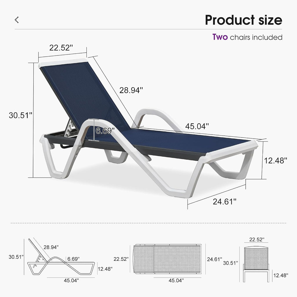 PURPLE LEAF Lounge Chair Outdoor Set of 2 w/Armrest & 1 Table, Navy Blue | Sleek, modern curves add a resort-style aesthetic that instantly upgrades the overall look of your backyard oasis