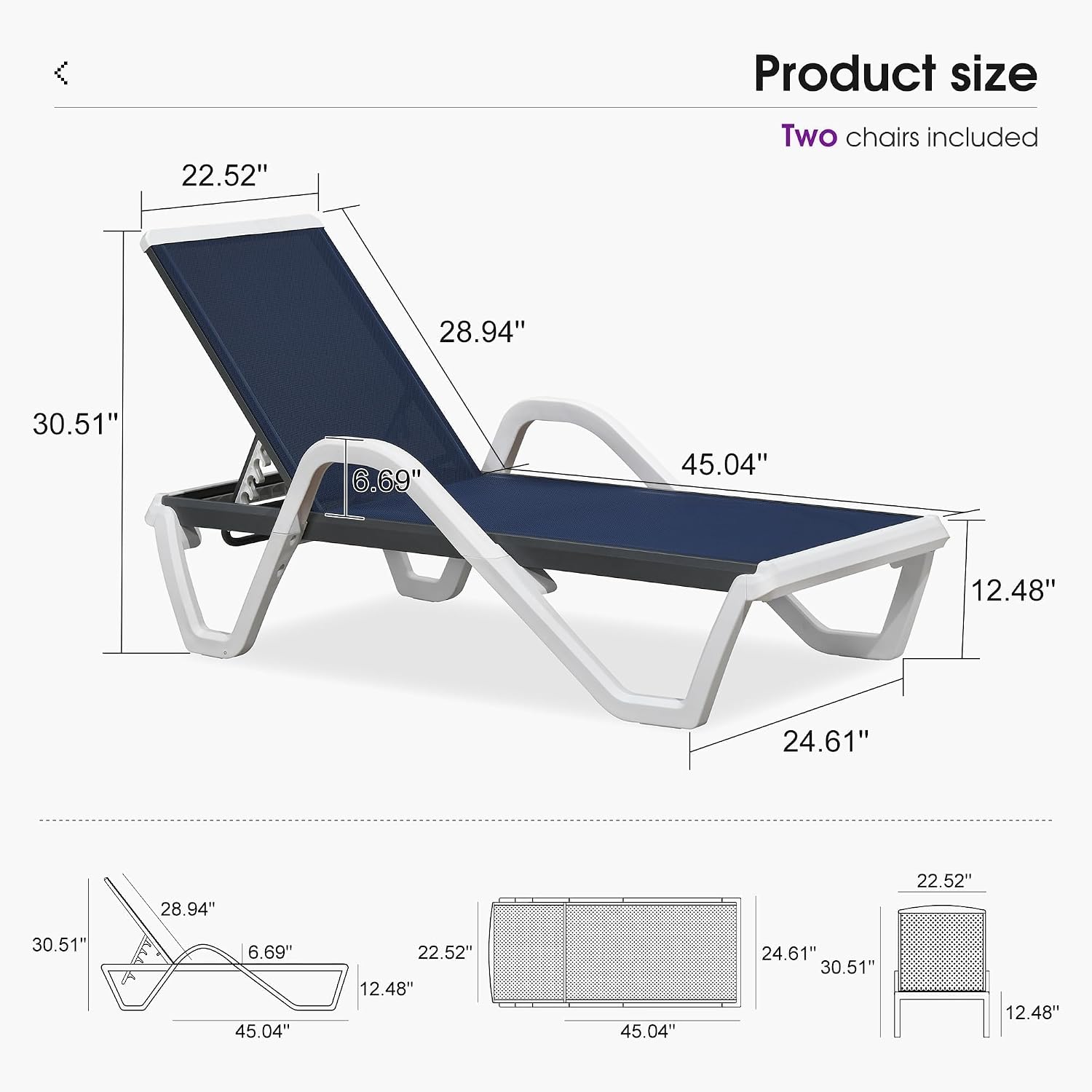 PURPLE LEAF Lounge Chair Outdoor Set of 2 w/Armrest & 1 Table, Navy Blue | Sleek, modern curves add a resort-style aesthetic that instantly upgrades the overall look of your backyard oasis