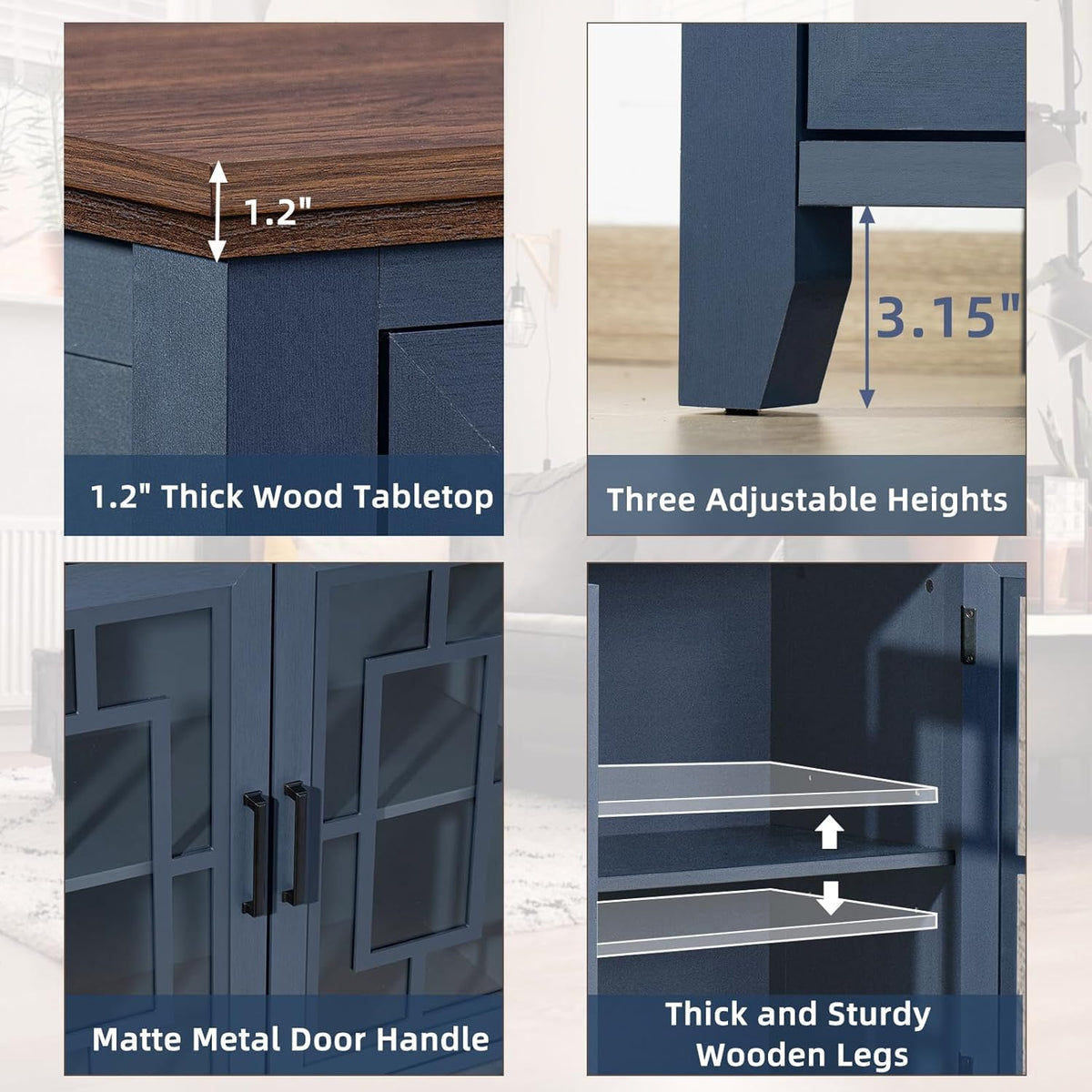 Joaxswe Large Sideboard Buffet Cabinet with Storage, 55" Farmhouse Kitchen Coffee Wine Bar Cabinet with 3 Glass Doors, Wood Mid Century Modern Side Board Table for Dining Room, Living Room,Navy Blue