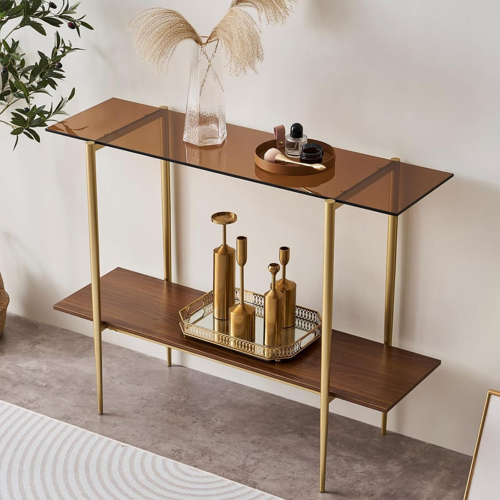 LumFurn Glass Console Table for Living Room, Foyer & Entrance, 2-Tiers Mid-Century Modern Sofa Table with Amber Glass Top, Walnut Finish Wood Shelf and Gold Finish Frame