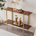 LumFurn Glass Console Table for Living Room, Foyer & Entrance, 2-Tiers Mid-Century Modern Sofa Table with Amber Glass Top, Walnut Finish Wood Shelf and Gold Finish Frame