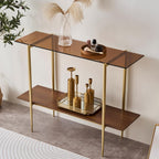 LumFurn Glass Console Table for Living Room, Foyer & Entrance, 2-Tiers Mid-Century Modern Sofa Table with Amber Glass Top, Walnut Finish Wood Shelf and Gold Finish Frame