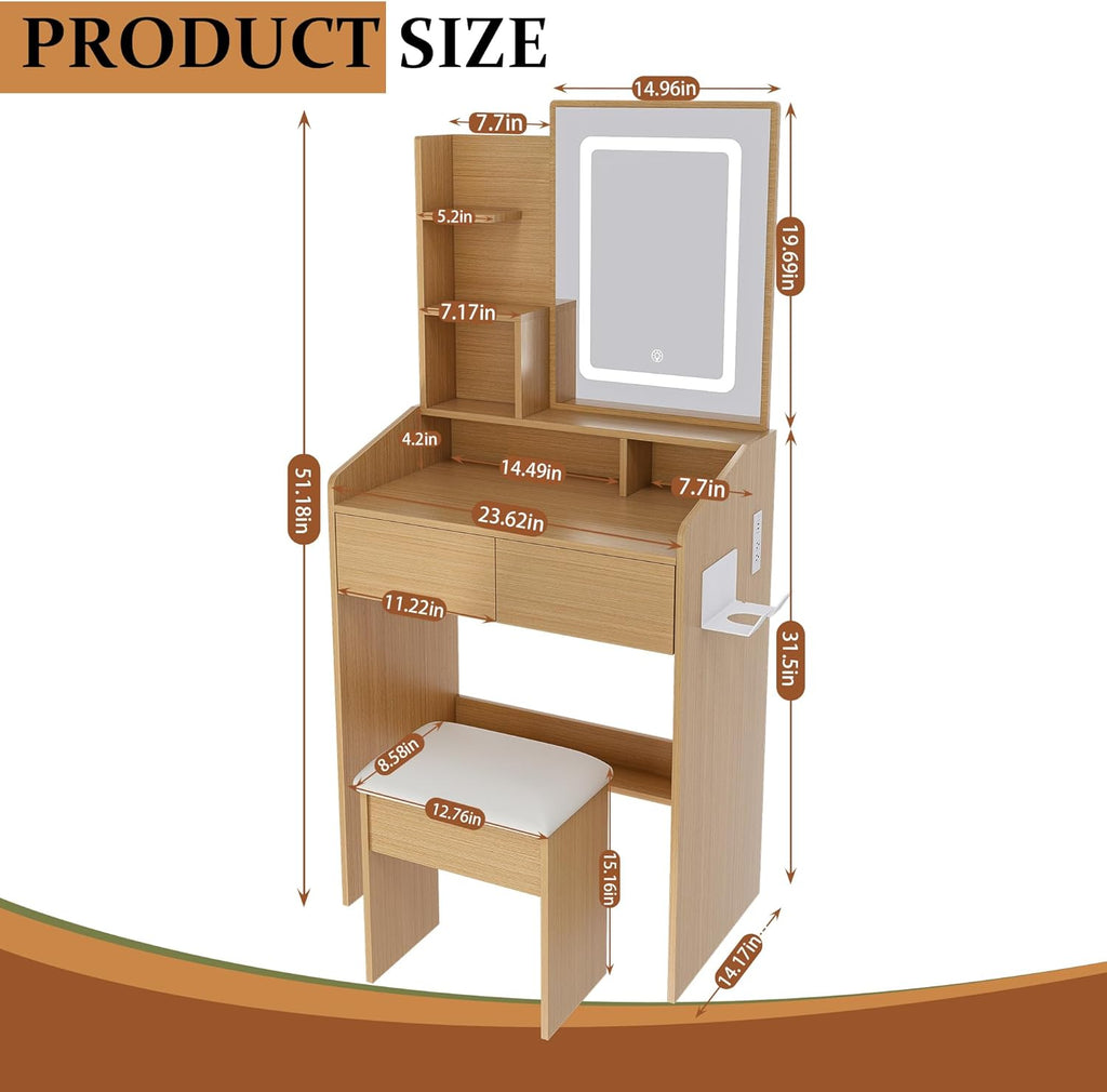 Small Makeup Vanity Desk with Light and Mirror,23.6" Compact Make up Dressing Table with USB, Type C Outlet and Holder, Padded Stool & Shelf, Space Saving Vanity Table for Teen Dorm Bedroom