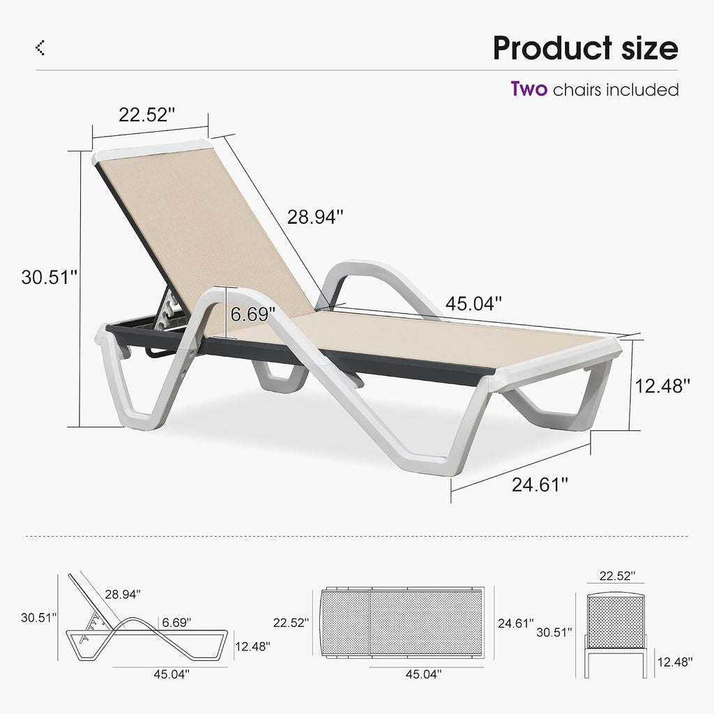 PURPLE LEAF Outdoor Chaise Lounge Set of 2 w/Armrest for Poolside, Khaki | Recline in 5 Positions, Lounge Freely with 400 lbs Support, Enjoy All-Day Cooling & Quick-Dry Comfort