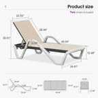 PURPLE LEAF Outdoor Chaise Lounge Set of 2 w/Armrest for Poolside, Khaki | Recline in 5 Positions, Lounge Freely with 400 lbs Support, Enjoy All-Day Cooling & Quick-Dry Comfort