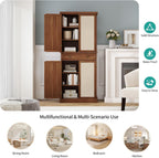 72.2” Tall Kitchen Pantry Cabinet with Rattan Doors, Walnut Freestanding Storage Hutch with 4 Adjustable Shelves and Drawer, Farmhouse Wood Cupboard for Dining Room & Living Room, 180° Hinges