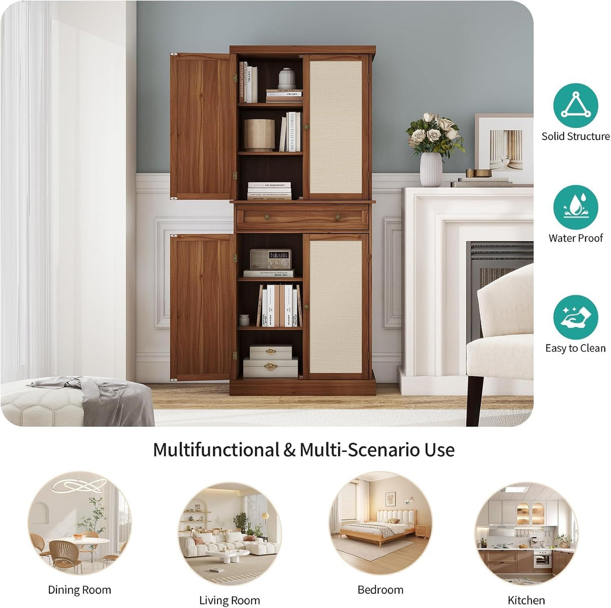 72.2” Tall Kitchen Pantry Cabinet with Rattan Doors, Walnut Freestanding Storage Hutch with 4 Adjustable Shelves and Drawer, Farmhouse Wood Cupboard for Dining Room & Living Room, 180° Hinges