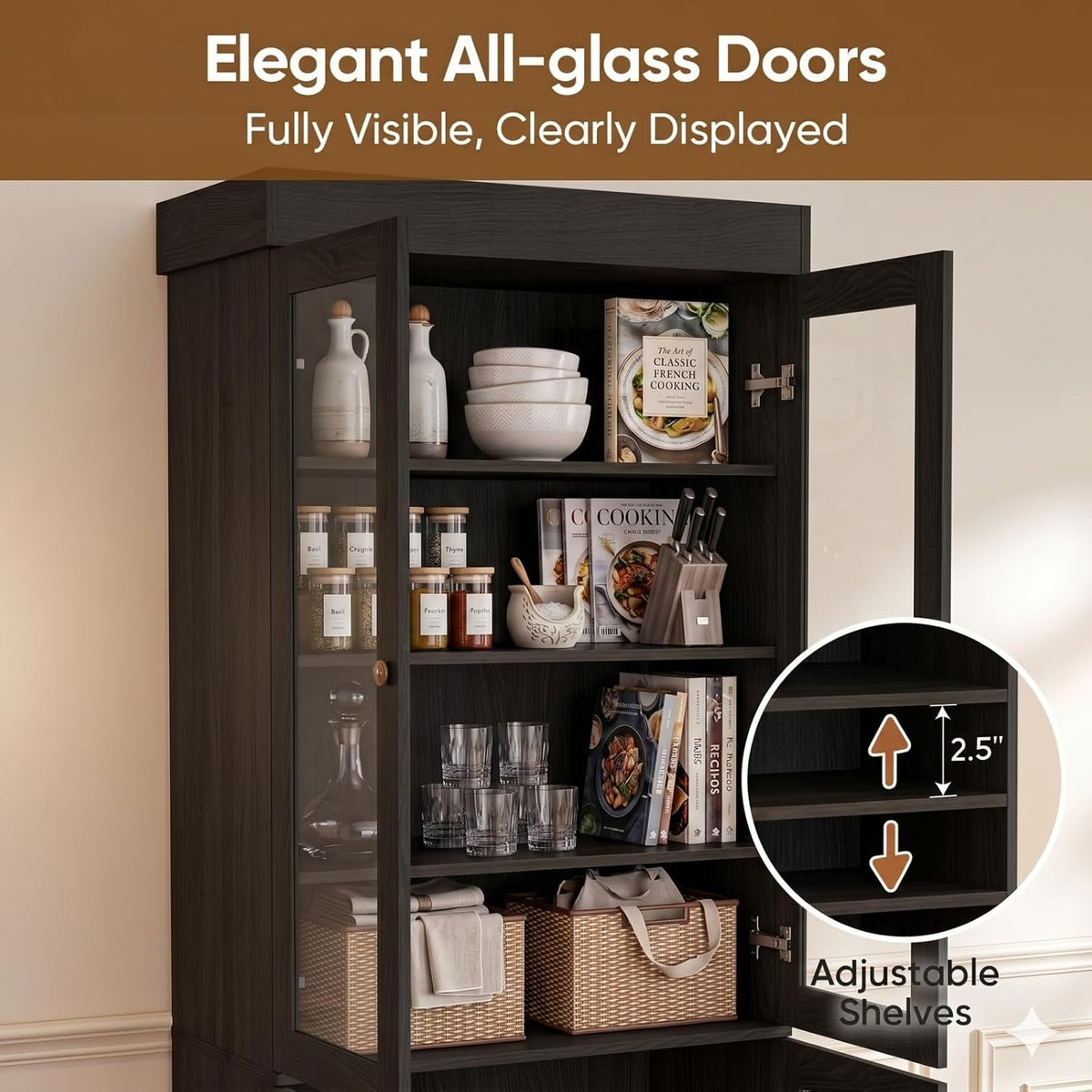71" Tall Farmhouse Kitchen Pantry, Large Storage Cabinet with Glass Doors, Adjustable Shelves + 3 Drawer, Wood Versatile Hutch Cabinet for Dining Room, Living Room， Black，2Pcs