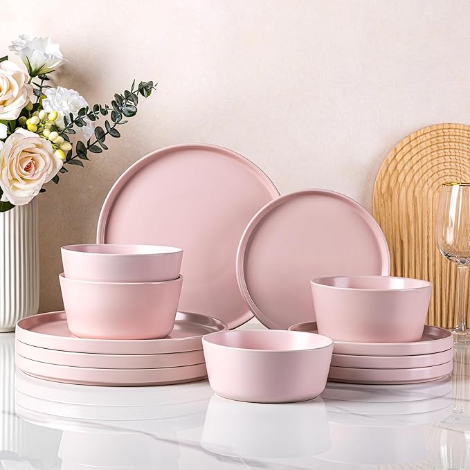 AmorArc Ceramic Dinnerware Sets for 4, Modern Flat Stoneware Plates and Bowls Sets,Chip and Crack Resistant | Dishwasher & Microwave Safe Dishes Set,Scratch Resistant- Service for 4 (12pc)-Matte Pink