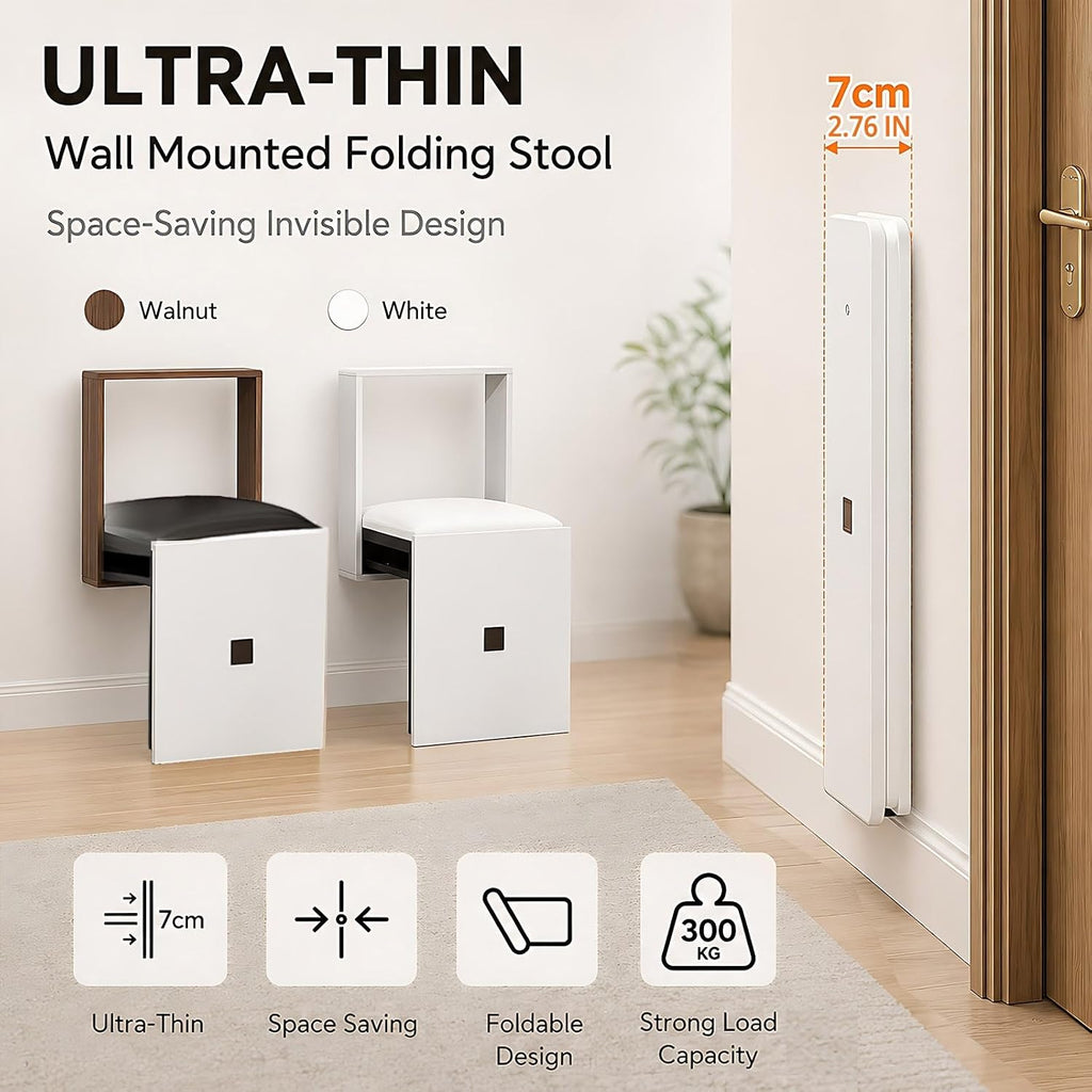Wall Mount Folding Shoe Stool for Mudroom, Invisible Hideaway Entryway Bench with Soft Leather Seat, 7cm Ultra Thin Hanging Chair for Hallway and Small Spaces, Walnut(Black)