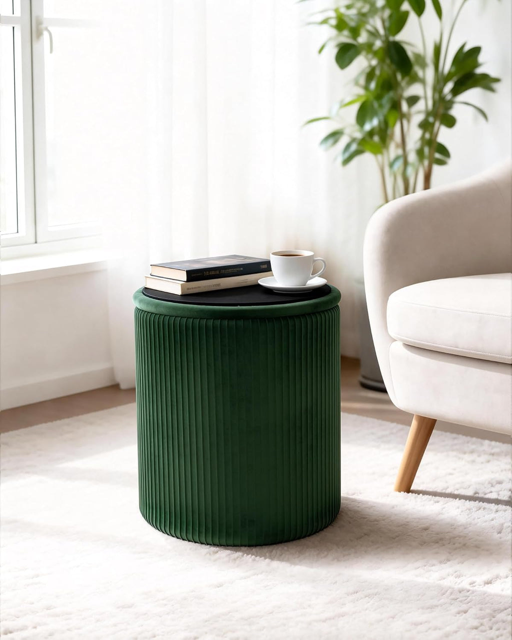 LITZFUR Round Ottoman with Storage, Velvet Foot Rest Stool, Green | Versatile Upholstered Vanity Stool, Padded Folding Storage Ottoman for Living Room, Bedroom and Dorm