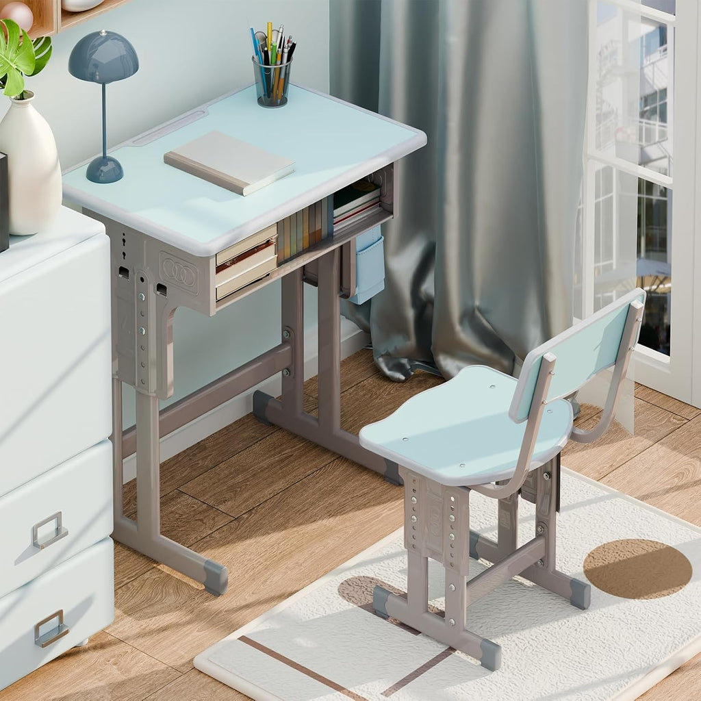 Kids Desk and Chair Set,Height Adjustable School Study Desk and Chair Wooden Children Study Tablewith Storage Drawer,Student Writing Desk for Bedroom & Study Room Boys Girls Pink 60cm