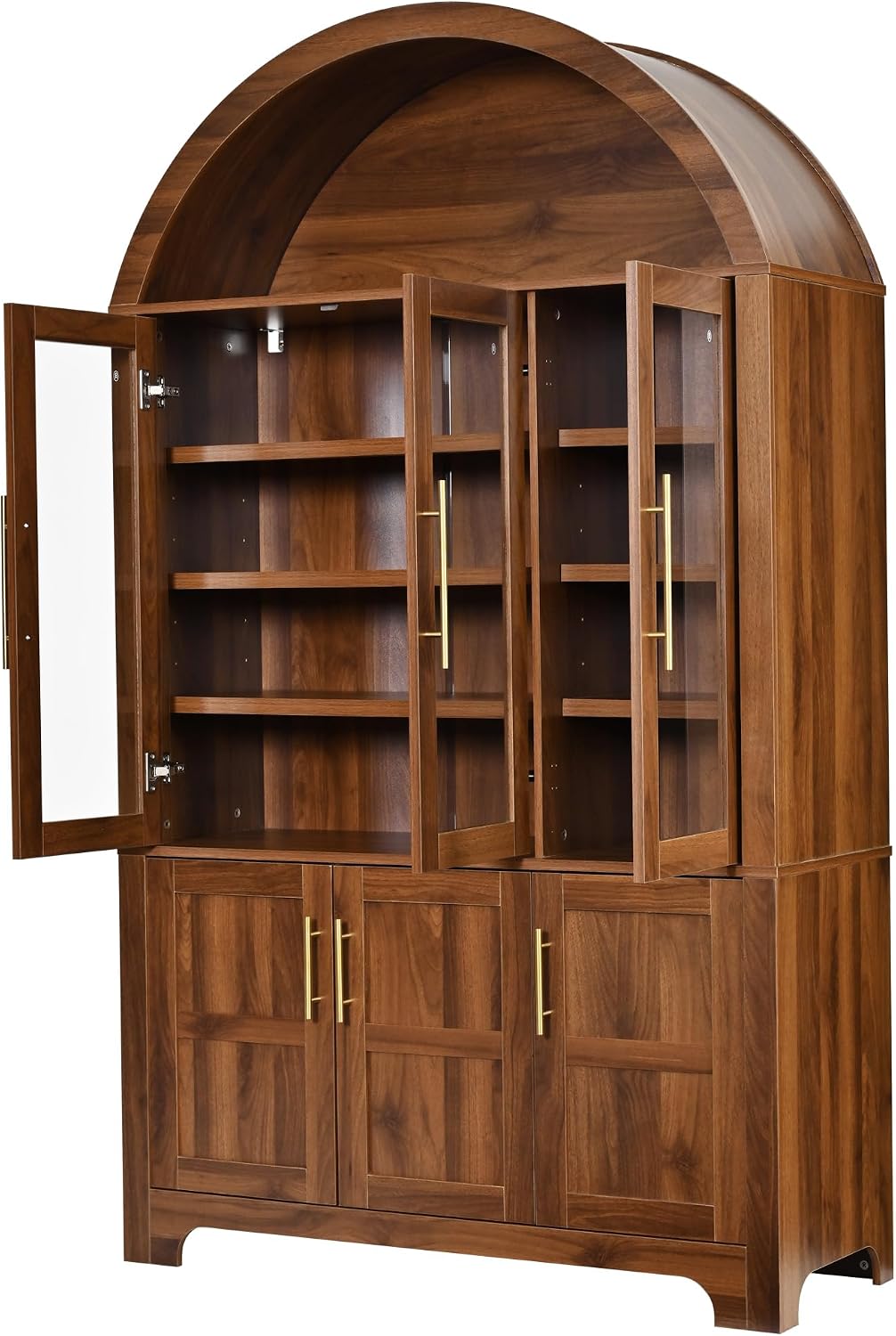 Merax 72.8" H Arched Kitchen Pantry with 3 Glass Doors, Kitchen Cabinet with Door Shelves and Adjustable Shelves, Wooden Cupboard for Dining Room, Living Room or Kitchen, Walnut