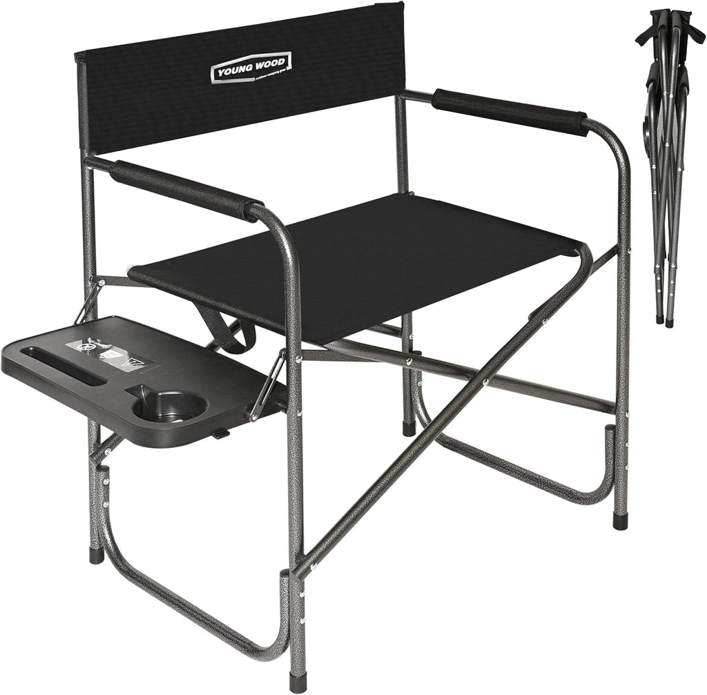 YOUNG WOOD Camping Directors Chair, Lightweight Oversized Portable Folding Chair with Side Table and Storage Pockets for Outdoor Camping, Lawn, Picnic and Fishing, Supports 400lbs (Black)