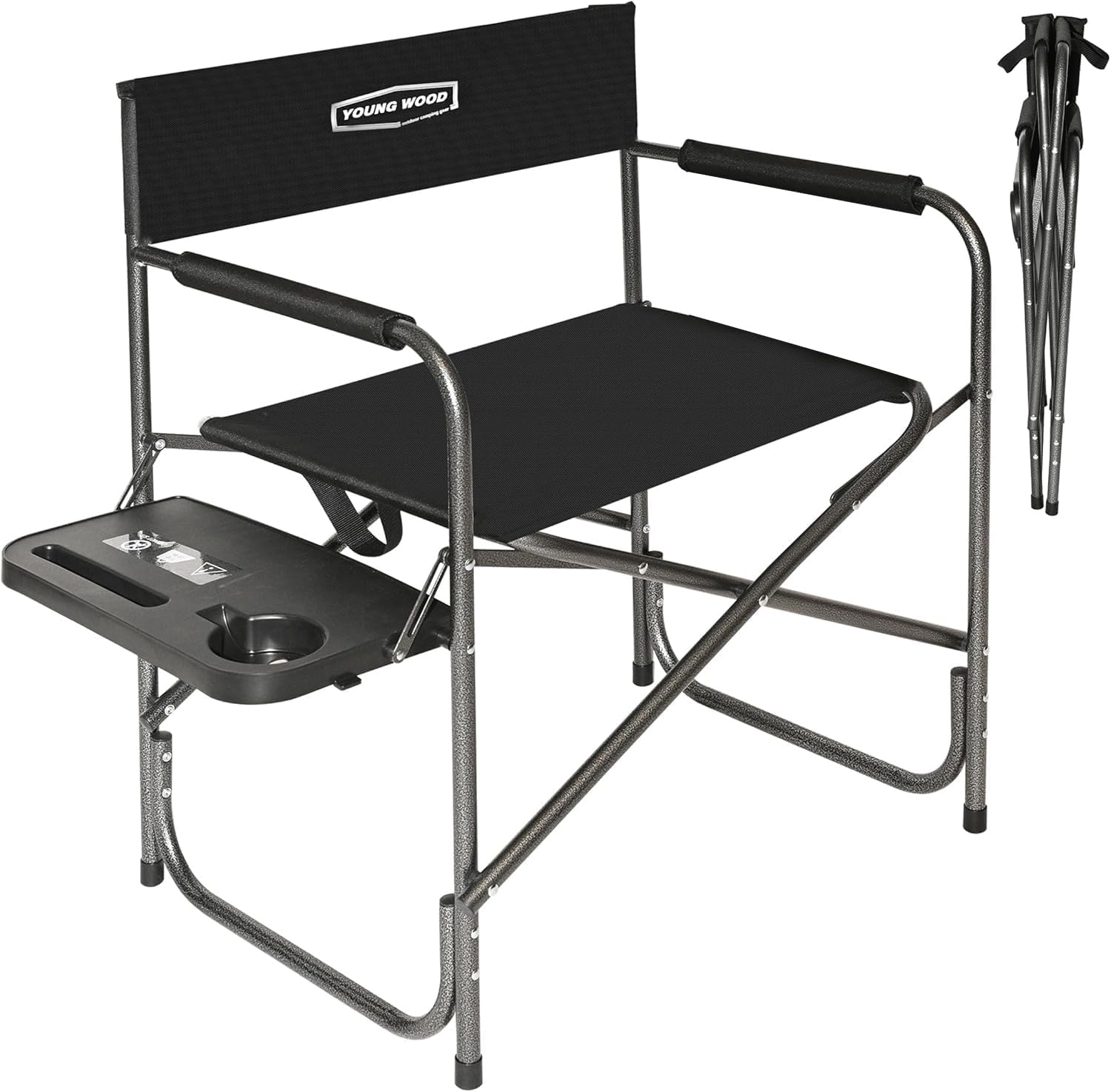 YOUNG WOOD Camping Directors Chair, Lightweight Oversized Portable Folding Chair with Side Table and Storage Pockets for Outdoor Camping, Lawn, Picnic and Fishing, Supports 400lbs (Black)