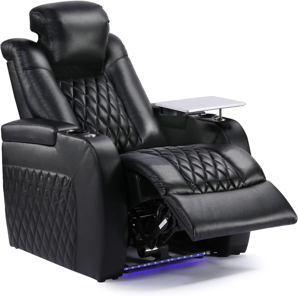 Weilianda Home Theater Seating, Top Grain Leather Movie Theater Chair | Black Row of 1, Zero Gravity, Power Headrest, Tray Table, Electric Reclining Seat for Media Room