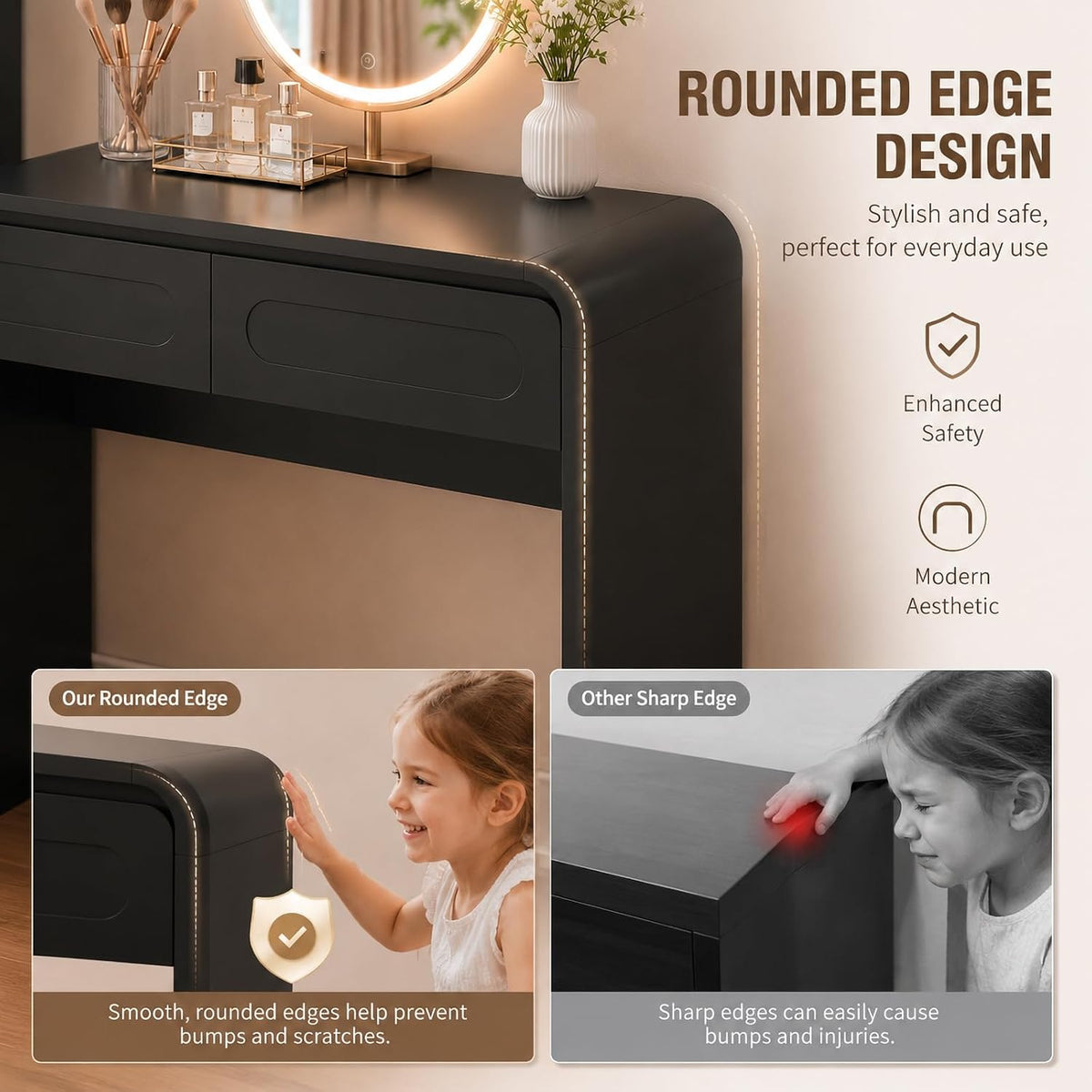 Vanity Desk, Makeup Vanity Desk with 2 Drawers and Storage Desktop Space | Modern Makeup Vanity Dressing Table with Curved Profile Design, Black Makeup Computer Writing Desk for Home Office Bedroom
